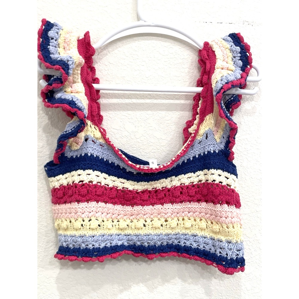 Crochet Crop Top Women's Small Multicolor Ruffle Sleeve Striped Knit - Picture 3 of 7